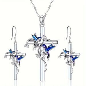3pcs Cute Tree Vine With Birds Decor Cross Pendant Necklace/Earrings/Set
